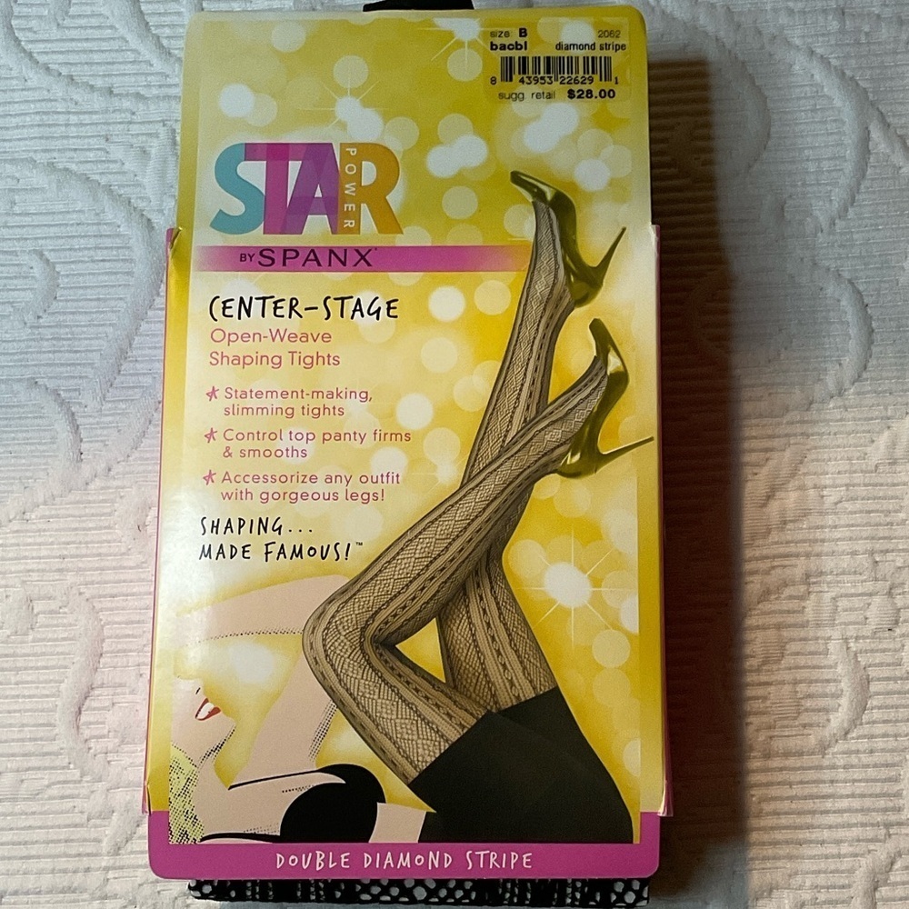SPANX Center-Stage Black Shaping Tights. Double Diamond Stripe. Size B.
